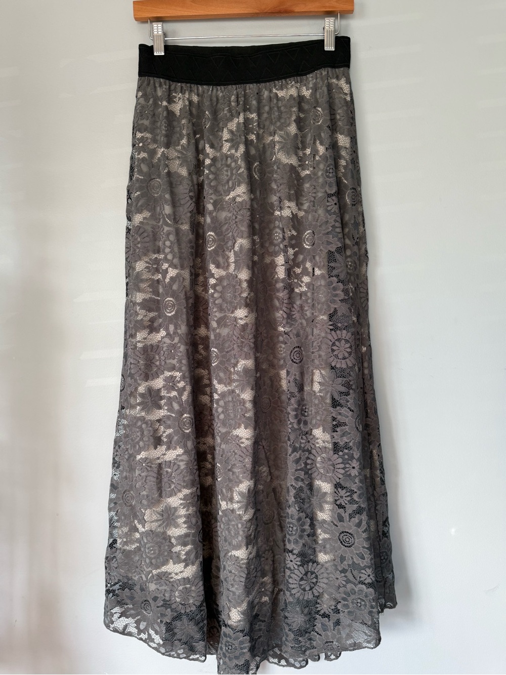 LuLaRoe Gray Floral Lace Maxi Skirt Size Small Boho Romantic